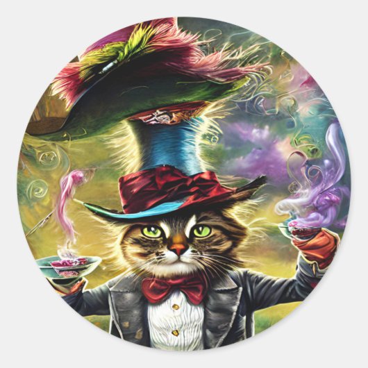 antropomorfe kat Mad Hatter Fantasy Fairytale Ronde Sticker (Voorkant)