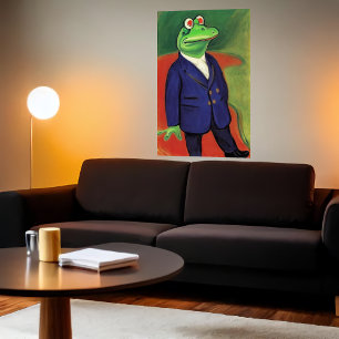 Antropomorfe kikker in blauw pak AI Art. Poster