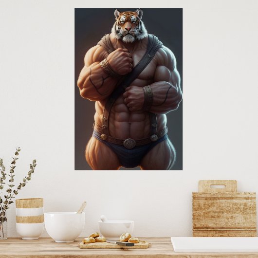 Antropomorfe tijger | Bodybuilder | Digitale kunst Poster (Keuken)