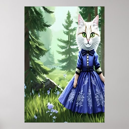 Antropomorfe witte kat in blauwe jurk | AI Art. Poster (Voorkant)