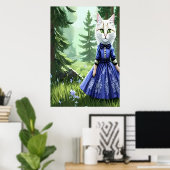 Antropomorfe witte kat in blauwe jurk | AI Art. Poster (Thuiskantoor)