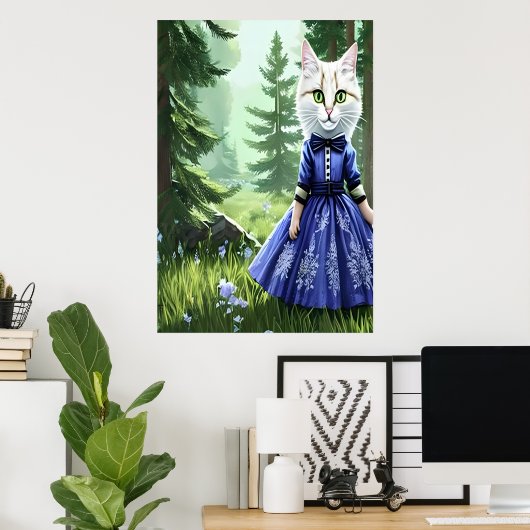 Antropomorfe witte kat in blauwe jurk | AI Art. Poster (Thuiskantoor)