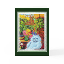 Antropomorfe witte kat omlijst door gele bloemen