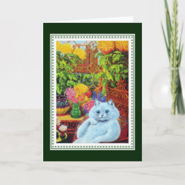 Antropomorfe witte kat omlijst door gele bloemen kaart