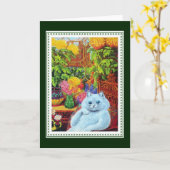 Antropomorfe witte kat omlijst door gele bloemen kaart (Gele Bloem)