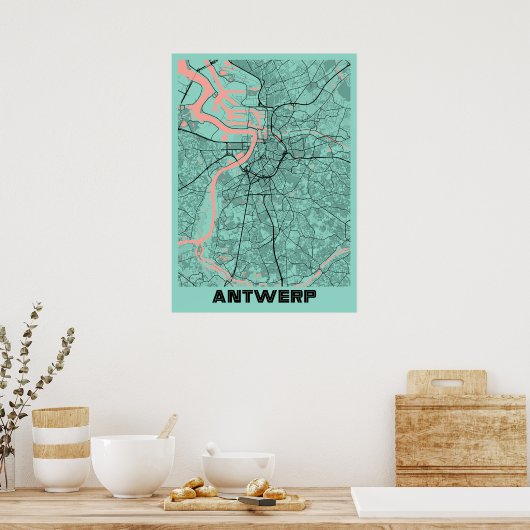 Antwerpen - België Peony City Map Poster (Keuken)