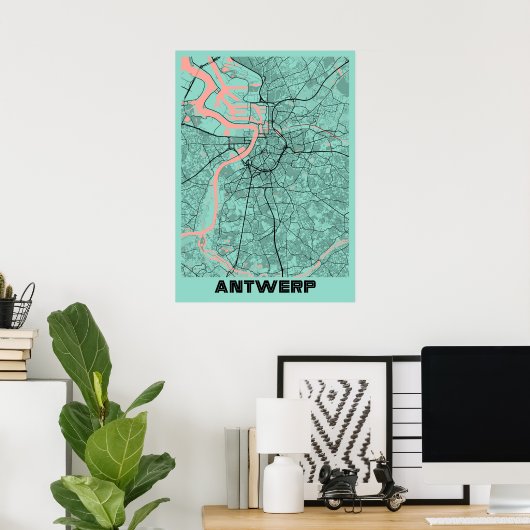 Antwerpen - België Peony City Map Poster (Thuiskantoor)