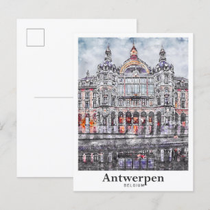 Antwerpen België Travel Waterverf Hand getekend Briefkaart