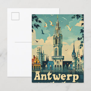 Antwerpen België Vintage Retro Reizen Illustratie Briefkaart