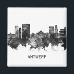 Antwerpen Belgium Skyline BW Magneet<br><div class="desc">Zwarte en witte skyline van Antwerpen,  een havenstad op de Belgische Schelde,  met een geschiedenis die tot de middeleeuwen reikt</div>