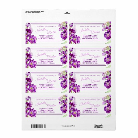Antwoord adres voor paarse bloemenbruiloft Hoary s Etiket (Full Sheet)