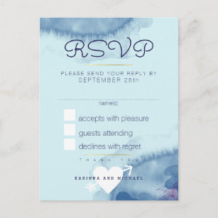 antwoord : blauwe waterverf bruiloft rsvp uitnodiging briefkaart