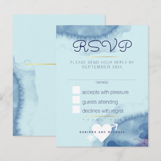 antwoord : blauwe waterverf bruiloft rsvp uitnodiging briefkaart (Voorkant / Achterkant)