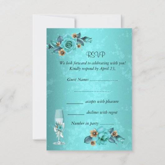 Antwoord bruiloft turkoois blauwe champagne rozen  kaart (Achterkant)