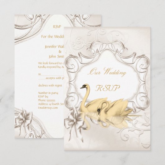 Antwoord elegant trouwfeest wit goud crème zwanen (Voorkant / Achterkant)