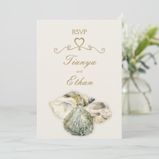 Antwoord op huwelijksuitnodiging met zee schelpen  kaart (Staand voorkant)