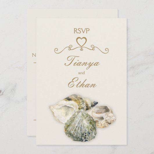 Antwoord op huwelijksuitnodiging met zee schelpen  kaart (Voorkant / Achterkant)