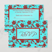 Antwoordkaart met aqua en rode bloemen kaart (Voorkant / Achterkant)