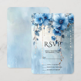 Antwoordkaart met blauwe bloemen en parels RSVP kaartje