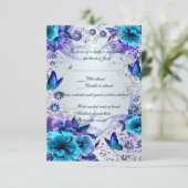 Antwoordkaart met blauwe bloemen en vlinder RSVP kaartje (Staand voorkant)