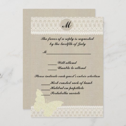 Antwoordkaart met burlap en kant en monogram kaart (Voorkant / Achterkant)