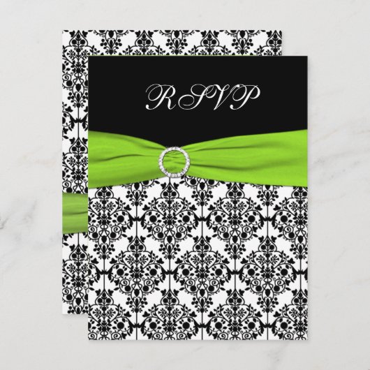 Antwoordkaart met chartreuse, witte en zwarte dama RSVP kaartje (Voorkant / Achterkant)