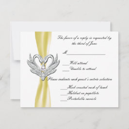 Antwoordkaart met gele lint zilveren zwanen RSVP kaartje