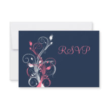 Antwoordkaart met marineblauwe roze witte bloemen