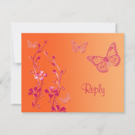 Antwoordkaart met oranje en roze vlinders RSVP kaartje