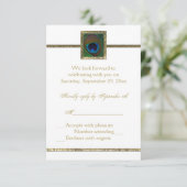 Antwoordkaart met witte en gouden pauwveer RSVP kaartje (Staand voorkant)
