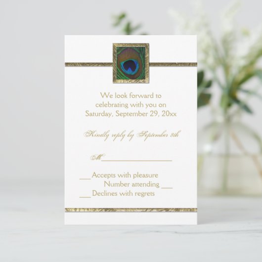 Antwoordkaart met witte en gouden pauwveer RSVP kaartje (Staand voorkant)