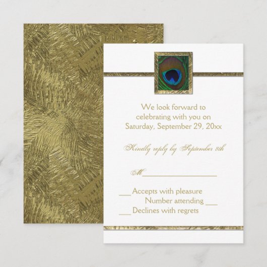 Antwoordkaart met witte en gouden pauwveer RSVP kaartje (Voorkant / Achterkant)