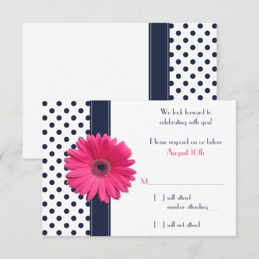 Antwoordkaart Trouw Navy Wit Stippen Roze Margriet RSVP Kaartje (Voorkant / Achterkant)