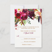 Antwoordkaart Trouwfeest - Burgundy Bloemen, Veren Kaart (Voorkant)