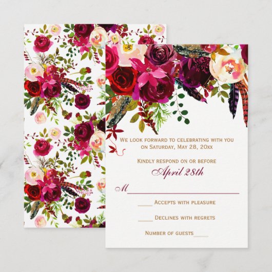 Antwoordkaart Trouwfeest - Burgundy Bloemen, Veren Kaart (Voorkant / Achterkant)
