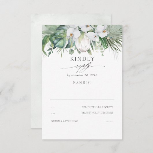 Antwoordkaart trouwfeest witte orchideeën en konin RSVP kaartje (Voorkant / Achterkant)