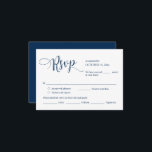 Antwoordkaart trouwuitnodiging RSVP, maaltijdoptie Informatiekaartje<br><div class="desc">Dit is de mooie moderne romantische RSVP (Antwoord) bijgevoegde kaart,  in een klassiek donkerblauw thema,  waar je kunt bewerken,  de kleur en het formaat kunt wijzigen volgens je RSVP-details van de uitnodiging,  om de maaltijdopties,  gereserveerde stoelen,  aantal aanwezigen en songverzoekopties toe te voegen.</div>