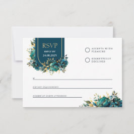 Antwoordkaart turquoise bloemen met gouden accente RSVP kaartje