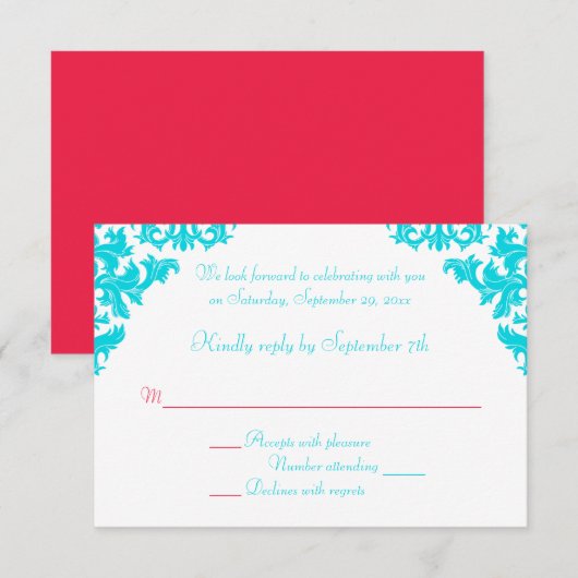 Antwoordkaart van Aqua, Wit en Rood Damast RSVP Kaartje (Voorkant / Achterkant)