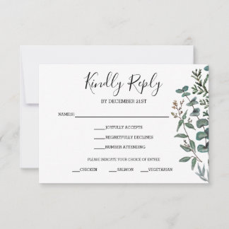 Antwoordkaart van dennen en eucalyptus RSVP kaartje