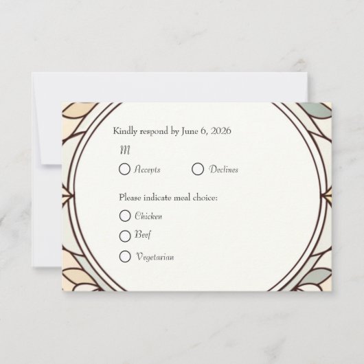 Antwoordkaart van gebrandschilderd glas met maalti RSVP kaartje (Voorkant)