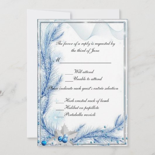 Antwoordkaart voor Blue Pine Winter Kerst Huwelijk Kaart (Voorkant)