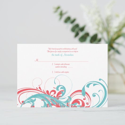 Antwoordkaart voor koraal en aqua bloemen bruiloft RSVP kaartje (Staand voorkant)