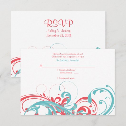Antwoordkaart voor koraal en aqua bloemen bruiloft RSVP kaartje (Voorkant / Achterkant)