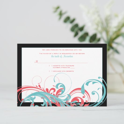 Antwoordkaart voor koraal en aqua bloemen-huwelijk RSVP kaartje (Staand voorkant)