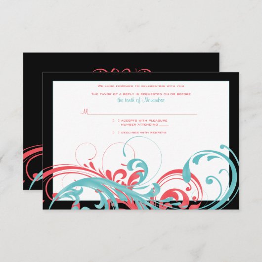 Antwoordkaart voor koraal en aqua bloemen-huwelijk RSVP kaartje (Voorkant / Achterkant)