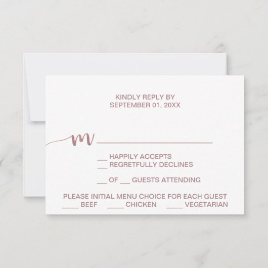Antwoordkaart voor roze gouden menuoptie RSVP kaartje (Achterkant)