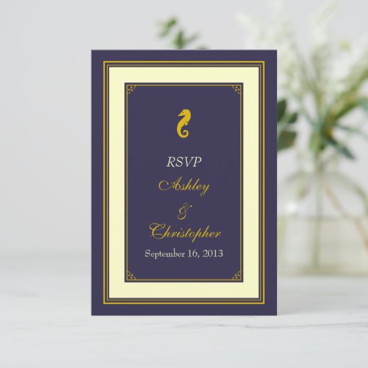 Antwoordkaart voor trouwfeest Navy Gold Seahorse N RSVP Kaartje (Staand voorkant)