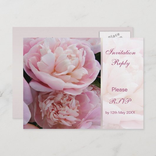 Antwoordkaart voor uitnodiging (RSVP) met roze pio (Voorkant / Achterkant)