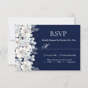 Antwoordkaart witte bloem sakura marineblauw RSVP kaartje